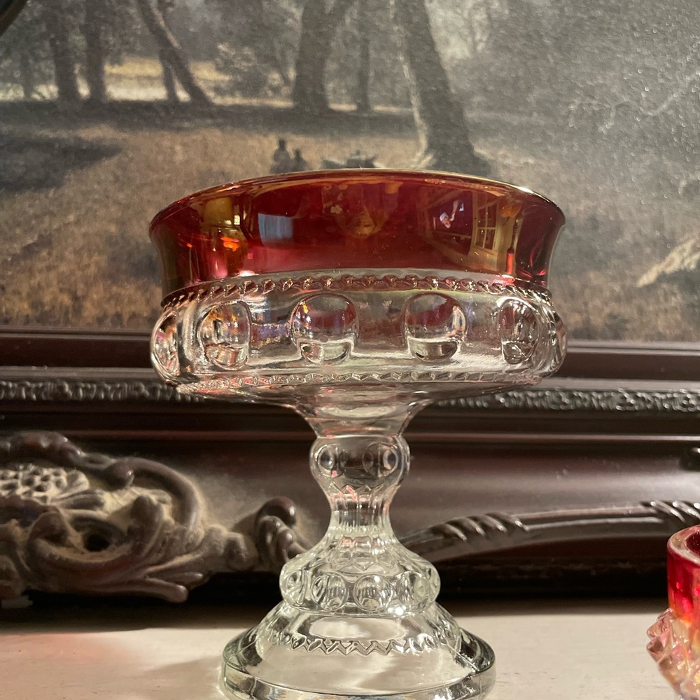 Vintage Indiana Glass Kings Crown Thumbprint Ruby Flash Glass Pedestal Compote - Picture 2 of 5